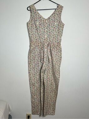 80’s VINTAGE Ashleigh  Morgan Floral Jumpsuit Sz S Cream /pink side pockets